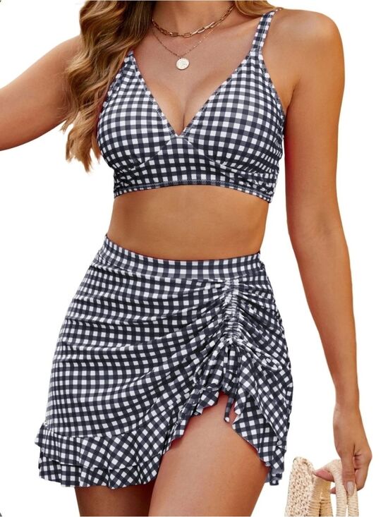 Blooming Jelly Other - HIGH WAISTED BLACK & WHITE GINGHAM TUMMY CONTROL BIKINI SET SMALL NWT